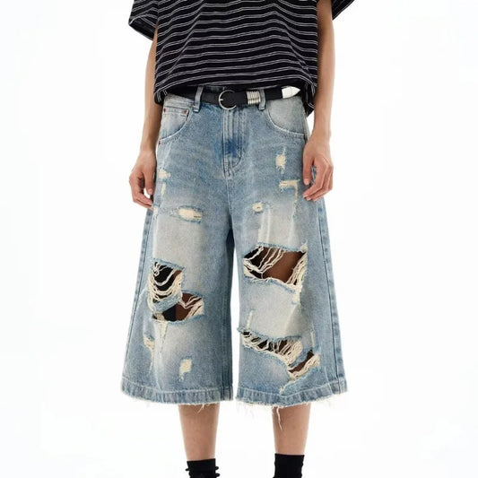 New Men Vintage Ripped Baggy Short Jeans Women Grunge Distressed Oversized Jorts Y2k Retro Punk Streetwear Wide Leg Denim Shorts