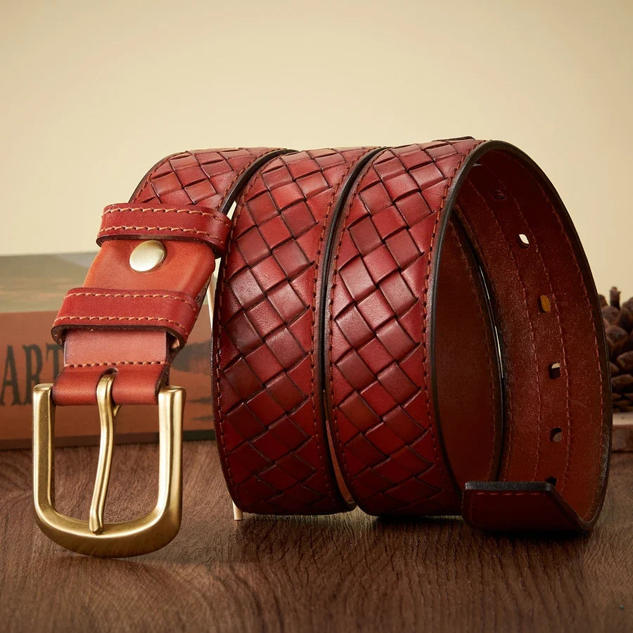 3.8cm Copper Buckle Designer Cowskin Real Genuine Leather Belts For Men Luxury Woven Cowboy Braided Male Strap for Jeans