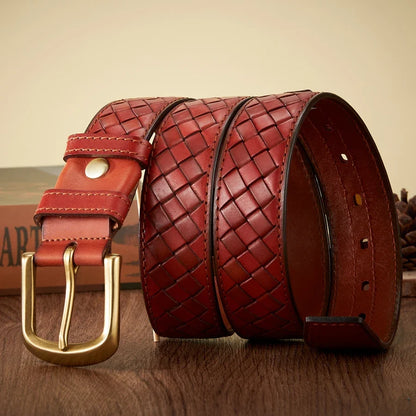 3.8cm Copper Buckle Designer Cowskin Real Genuine Leather Belts For Men Luxury Woven Cowboy Braided Male Strap for Jeans