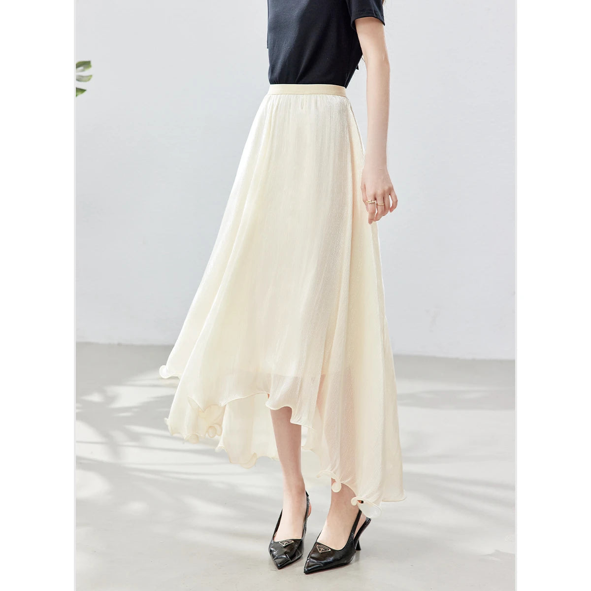 French A-line Shimmer Skirt for Women 2026 Summer New Fashion Irregular Ruffle Hem Elegant Office Maxi Skirt Bottoms 30813