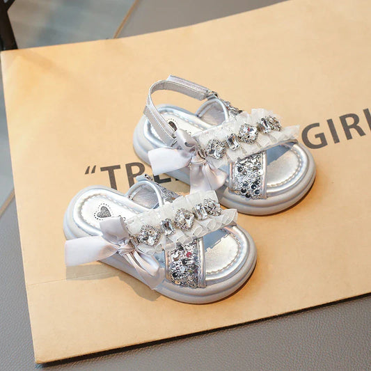 Kids Casual Shoes Fashion Sandals PU Leather Crystal Sequin Summer Shoes For Girls Breathable Silver Shoes Size 26-37