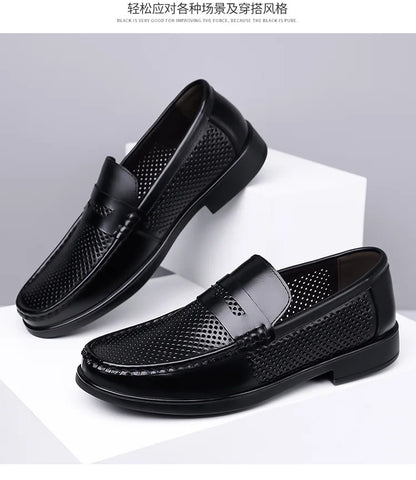 2026 Summer New Men's Breathable Leather Loafers Slip-On Hollow Out Casual Business Casual Shoes for Man Flat Driving Shoes Male