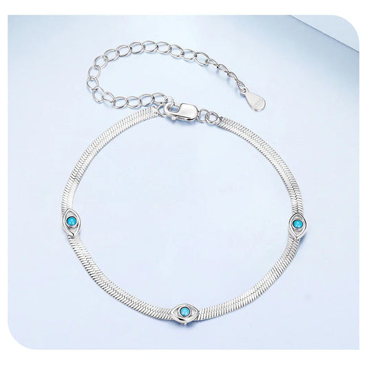 Bracelets Œil du Diable en Argent Sterling 925, Large Chaîne Serpent Plate, Breloque Turquoise, Jonc Réglable pour Femmes, Cadeau Rétro