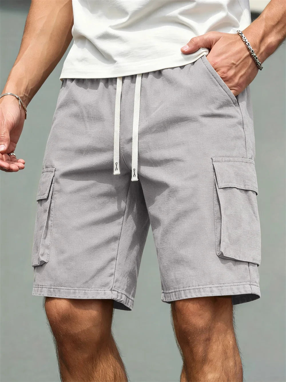 Men's Loose Polyester Straight-Leg Pants, Casual Multi-Pocket Work Shorts, High-End Men's Shorts, Drawstring Daily Work Shorts