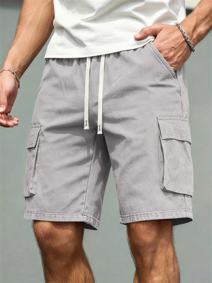 Men's Loose Polyester Straight-Leg Pants, Casual Multi-Pocket Work Shorts, High-End Men's Shorts, Drawstring Daily Work Shorts