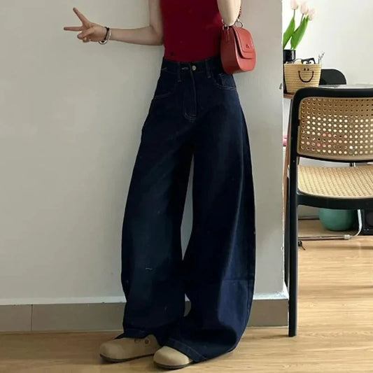 Deep Blue Wide Leg Straight Cut Jeans Women's Loose Fitting Slimming Trousers High Waist Long Pants Autumn Faion Trend