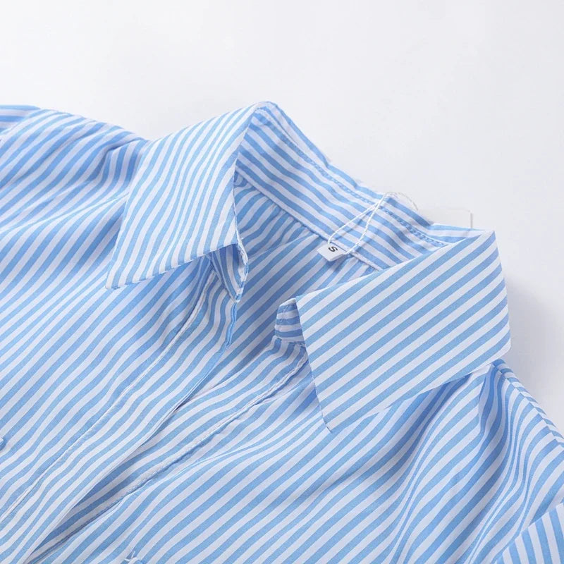 Elegant Women's Striped Long Dress Summer Lace Up Turn-Down Collar Single-breasted Blue A-line Dresses 2026 Lady Holiday Robes