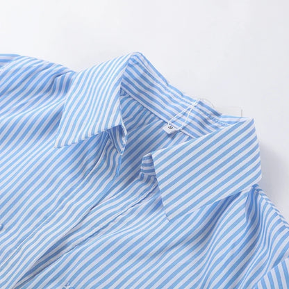 Elegant Women's Striped Long Dress Summer Lace Up Turn-Down Collar Single-breasted Blue A-line Dresses 2026 Lady Holiday Robes