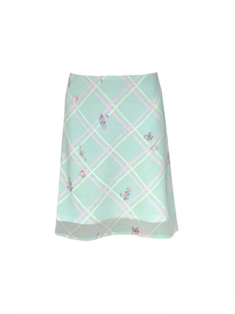 Sweet Elegant Floral Skirt Women Korean Style Vintage Green Plaid Skirts Y2k Harajuku Summer Fashion Mesh Mid Skirts