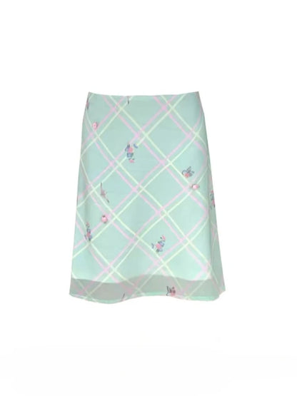 Sweet Elegant Floral Skirt Women Korean Style Vintage Green Plaid Skirts Y2k Harajuku Summer Fashion Mesh Mid Skirts