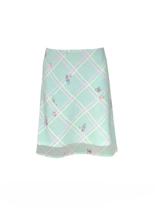 Deeptown تنورة نسائية زهرية أنيقة بطراز كوري عتيق منقوشة باللون الأخضر Y2k Harajuku Fashion Mesh Mid Skirts