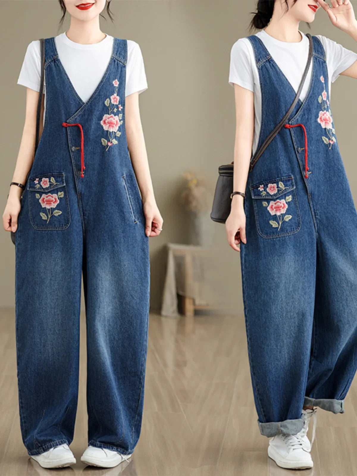 Spring 2025 New Vintage Large Size Loose Embroidered Denim Overalls High Waist Long Pants Women's Faion Casual Jeans