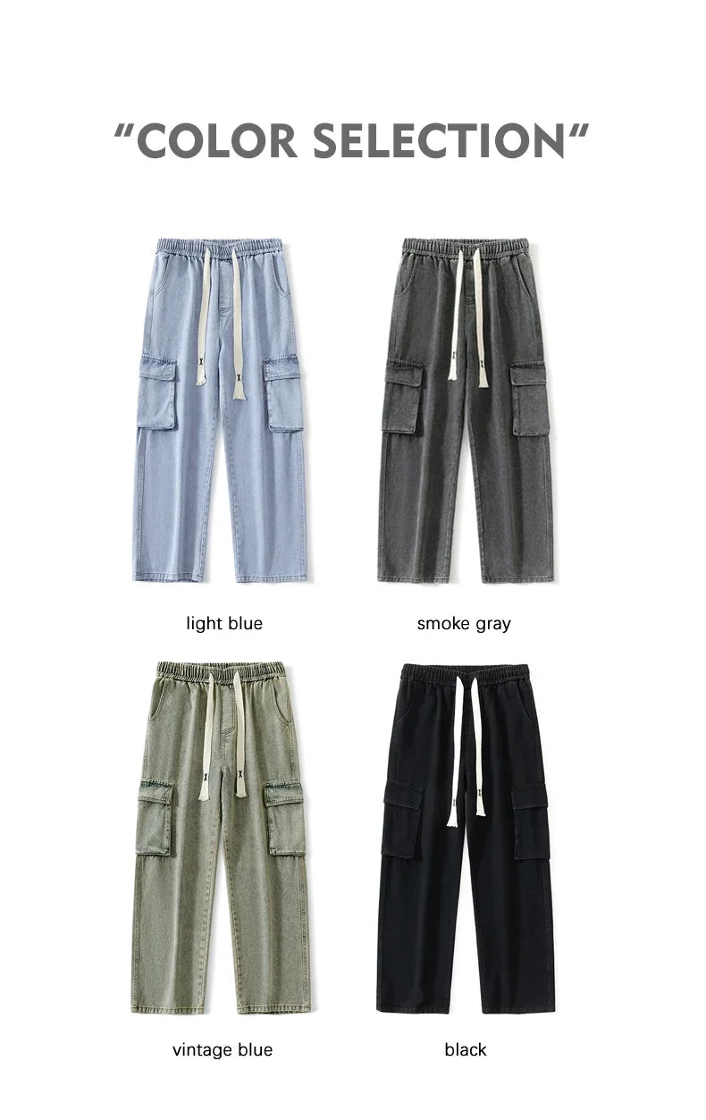 2024 New Men Baggy Cargo Jeans Fashion Streetwear Vintage Wide Leg Pants American Streetwear Y2K Big Pocket Youth Overalls