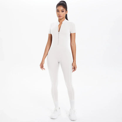 Short Sleeved Fitness Jumpsuit for Woman Bodysuits Backless Solid Color Scrunch One-Piece Suit Half Zipper Gym Yoga Sets Womens
