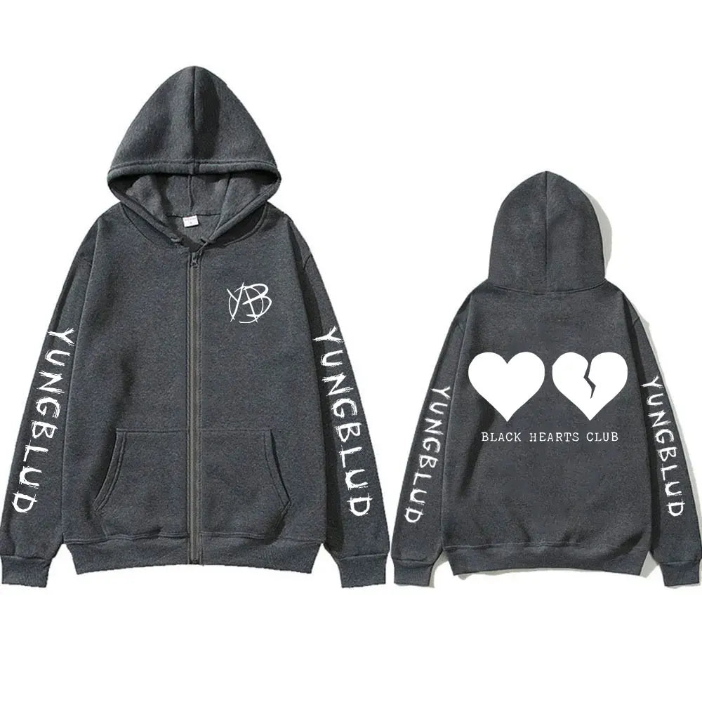 Singer Yungblud Black Hearts Club Zipper Hoodie Male Fleece Cotton Zip Up Hoodies Men Women Rock Vintage Oversized Zip Up Jacket