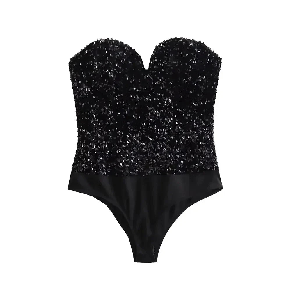 Strapless Sequin Bodysuits for Women, Backless Bodysuits, Sweetheart Neck, Female Playsuits, Sexy Fashion