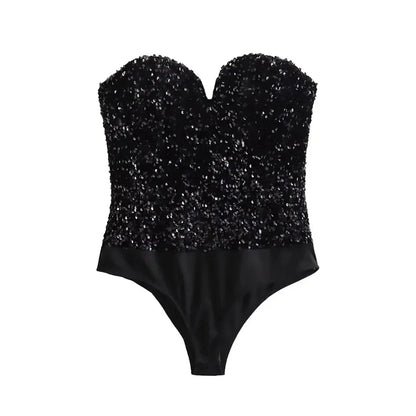 Strapless Sequin Bodysuits for Women, Backless Bodysuits, Sweetheart Neck, Female Playsuits, Sexy Fashion