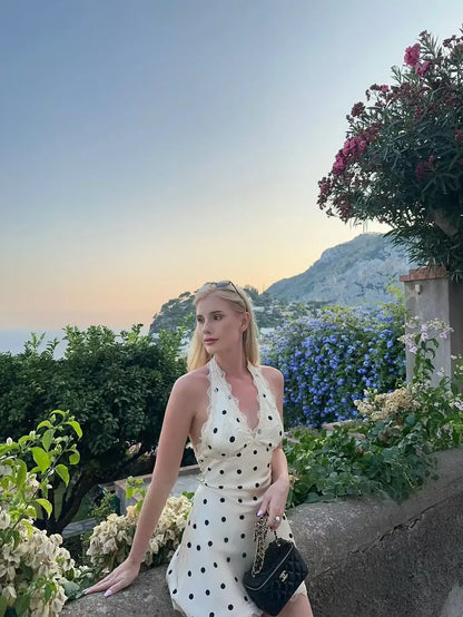 Lace Spliced Polka Dot Halter Dress Women Elegant A-line Mini Sexy Backless Dresses Summer Robe 2025