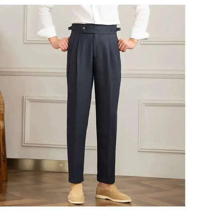 Linen Cotton High Waist Straight Casual Pants Men Versatile Naples Gentleman Pleated Pants High Quality Italian Dress Trousers