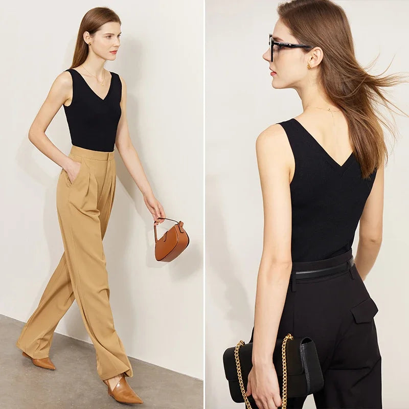 Minimalism Tank Top for Women 2025 Summer New Versatile V-neck fit Knitted Vest Camis Black Tops Women Clothing 72341028