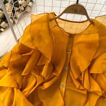 Autumn Blouse for Women Fashion O-neck Long Puff Sleeve Flounced Edge Shirts French Chic Versatile Female Tops Dropshipping