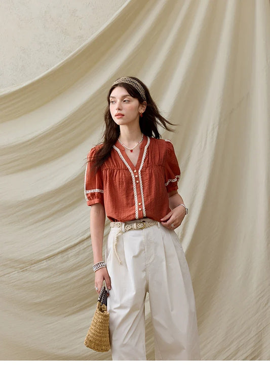French New Blouses Women Summer New 2025 Short Sleeve V-neck Color Matching Shirts Female Fashion Lazy Style MXE31X1766