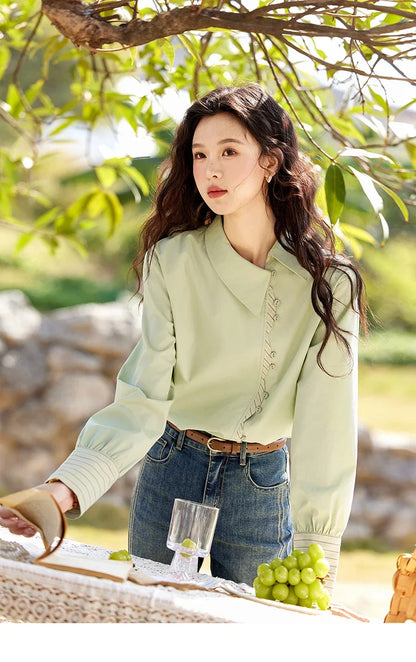 Striped Patchwork Shirt for Women Spring 2025 Irregular Single Breasted Buckle Shirts Lapel Tops Office Lady MXE12C0412