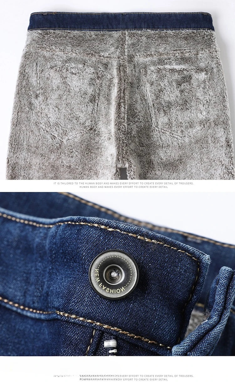 Men's Fleece Lined Thicken Jeans Winter Warm Stretch Slim Fit Denim Pants Comfortable Soft Trousers for Daily Work Wear Clothing