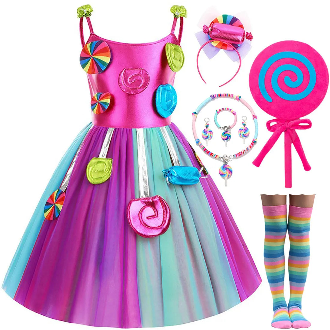 2025 Purim Festival Suspender Rainbow Dress For Girl Candy Lollipop Costume Party Gift Candy Dress + Lollipop Accessories Suit