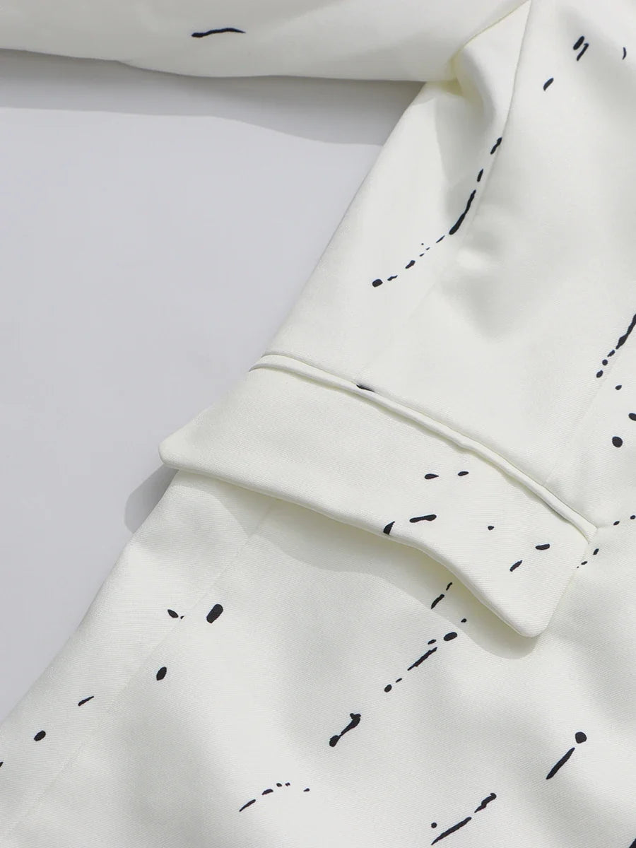 Ink Splashing Print Fashion Blazer for Women Notched Collar Long Sleeve Hollow Out Design Loose Coat Female Autumn
