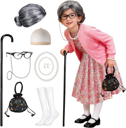 Baby Girl Celebrating 100th School Days Funny Cosplay Costumes Dress Granny Girl Cosplay Floral Old Lady Dress Up With Cane