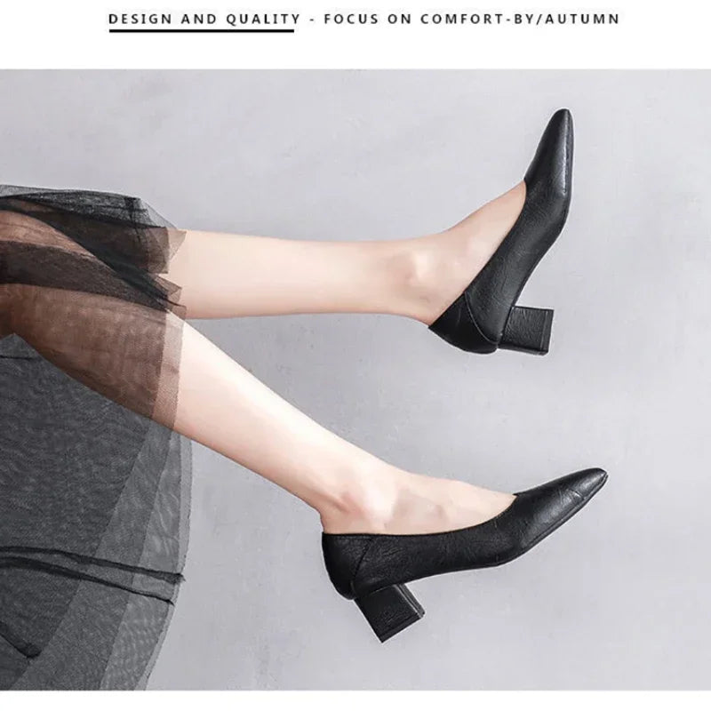 3-5cm Chunky Heeled Women Shoes Square Heel Leather Shoes Pumps Zapatos De Mujer Fashion Designer Office Ladies Single Shoe