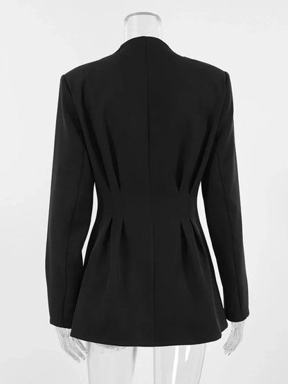 Elegant V-neck Tunics Black Suit 2026 Spring Women's Long Sleeve Single Breasted Slim Blazers Ruched Outerwear Streetwear