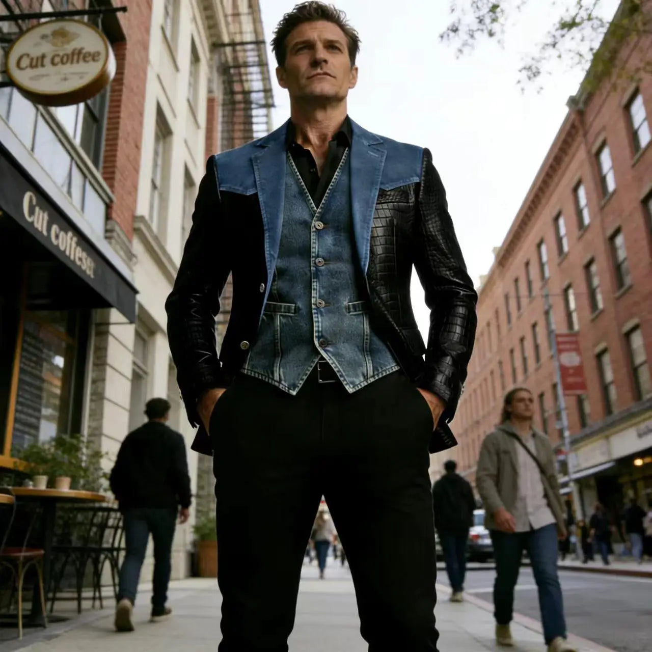 Men's Patchwork Denim & Crocodile Leather Blazer Two-Tone Western Style Suit Jacket Vintage Casual Fashion Coat