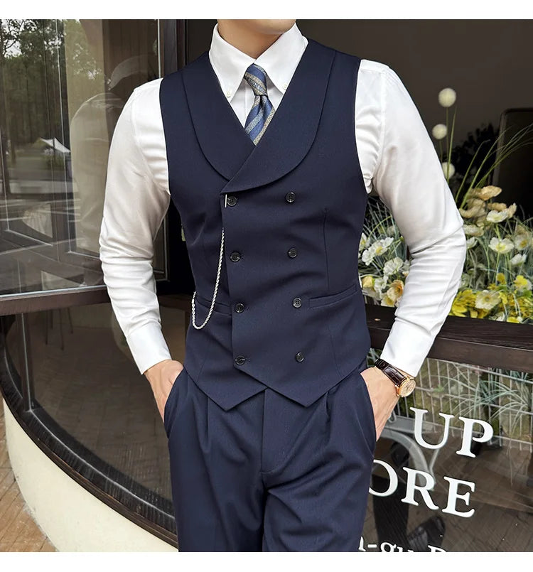 ( Vest + Pants) Men Luxury Double Breasted Design Suit Vest 2 pieces Formal Groom Wedding Dress Vest Set Fashion Club Clothing