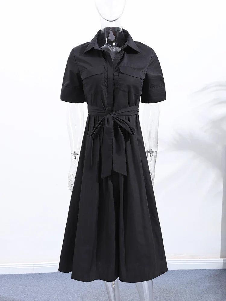 Elegant Belt Women Long Black Dress Full Sleeve Pleated Lapel Waist-Closed Female  A Line Dresses 2026 Spring Lady Robes New