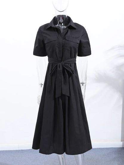 Elegant Belt Women Long Black Dress Full Sleeve Pleated Lapel Waist-Closed Female  A Line Dresses 2026 Spring Lady Robes New