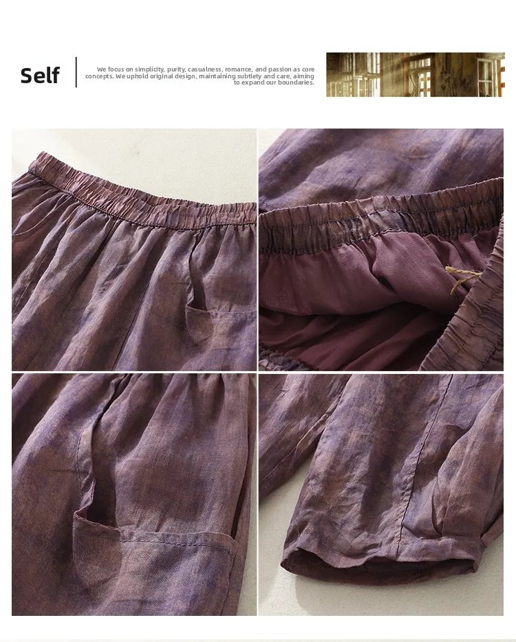 Retro Waterprint Linen Casual Nine-Piece Pants plus Size Women's Loose Elastic Waist Versatile Wide Leg Harlan Pants