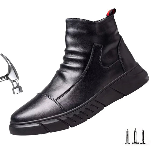 Fashion 2025 Black Leather Safety Work Shoes for Men Indestructible Steel Toe Cap Anti Nail Anti Slip Male Boots Footwear