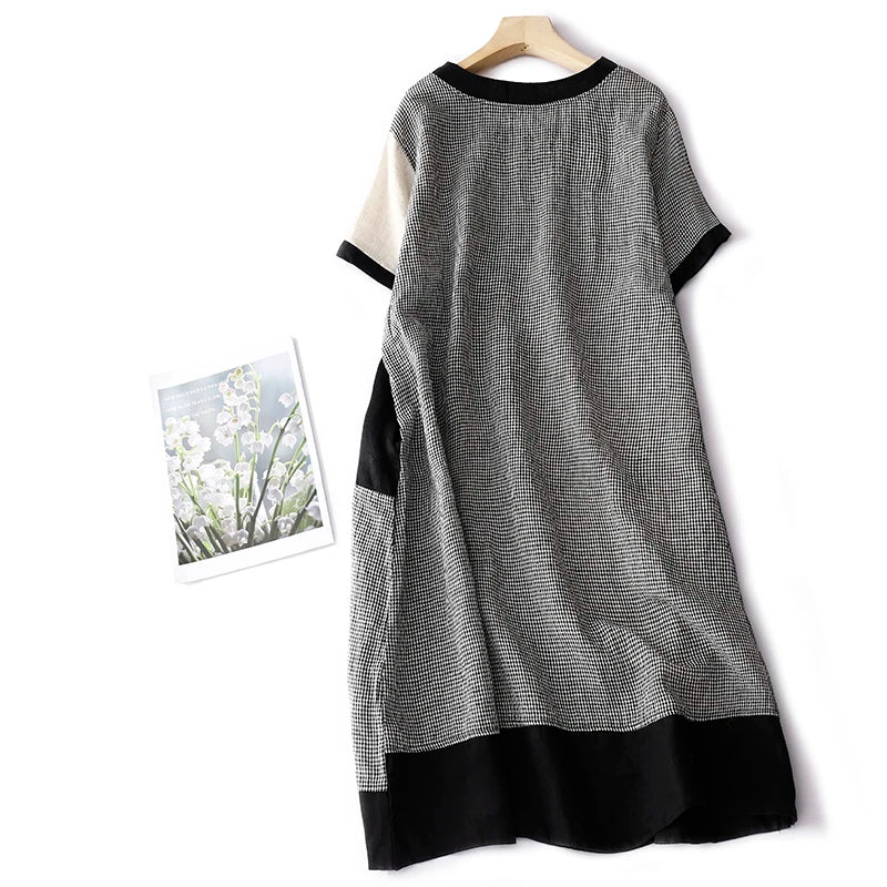 Summer Casual Loose Women's Plaid Linen Dr Design Sense Color Blo Mid-Length Slimming A-Line Skirt Korean Sle Commute