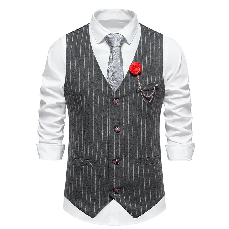 Men Suit Vest Vintage Striped Single-breasted Man Waistcoats Business Casual Slim Sleeveless Male Party Dress Vests