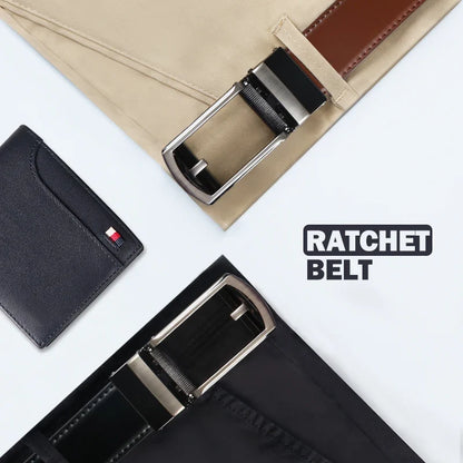 Genuine Leather Ratchet Belt for Men - Adjustable Automatic Buckle,Casual Business Style, High-Quality Leather Panel