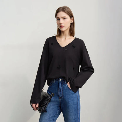 Women's Long Sleeve Top 2026 Spring New V-neck Loose T-shirt Women's Cotton Knitted Tees Pullover Versatile Top 12641011