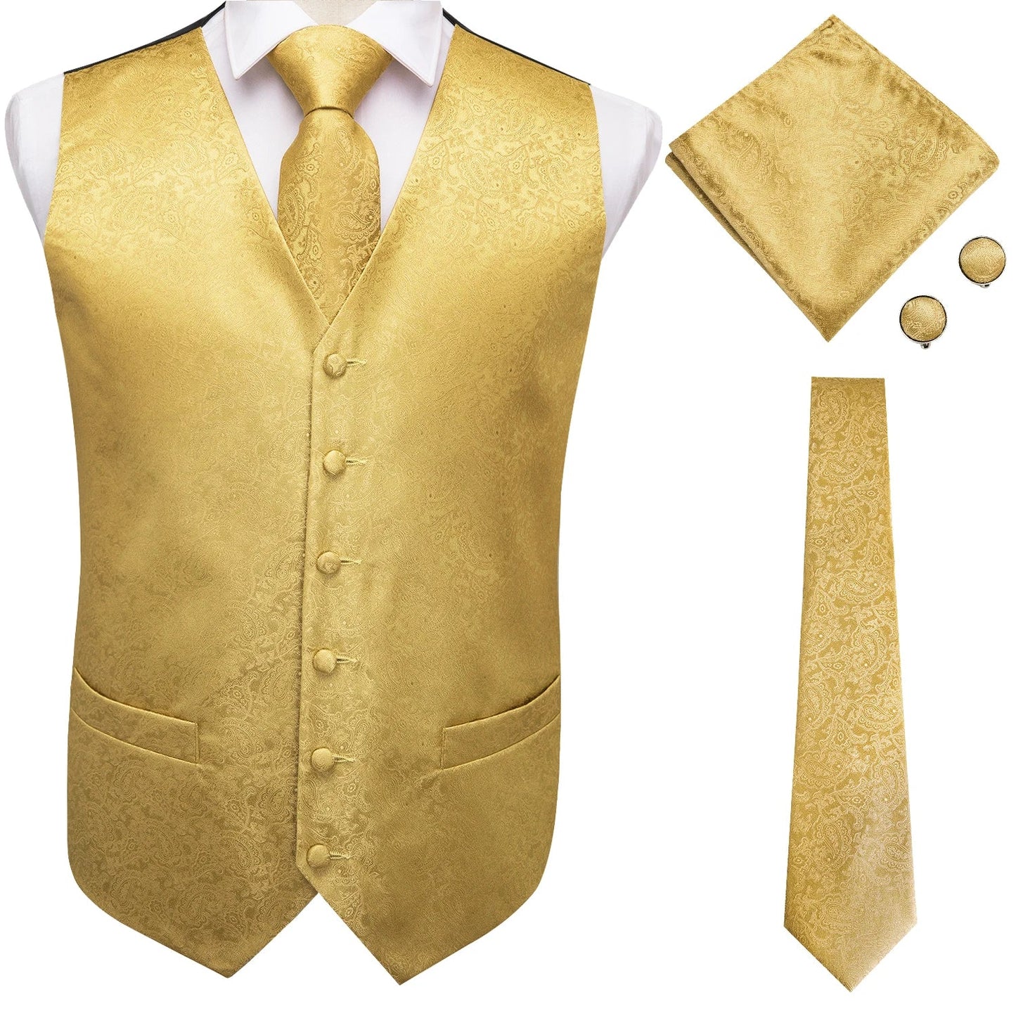 Jacquard Mens Suit Vests Gold Solid Plain 4PC Waistcoat Tie Hanky Cufflinks Set Business Wedding Dress Waist Jacket