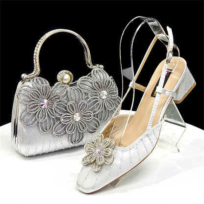2026 Elegant Gold Color Women's Heels Handbag Set Rhinestone Embellished Designer Shoes for Weddings Special Events