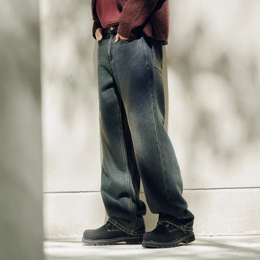 Jeans Men Vintage Washed Whiskered Loose Fit Straight Leg Classic Casual Pants 2025 Autumn Winter