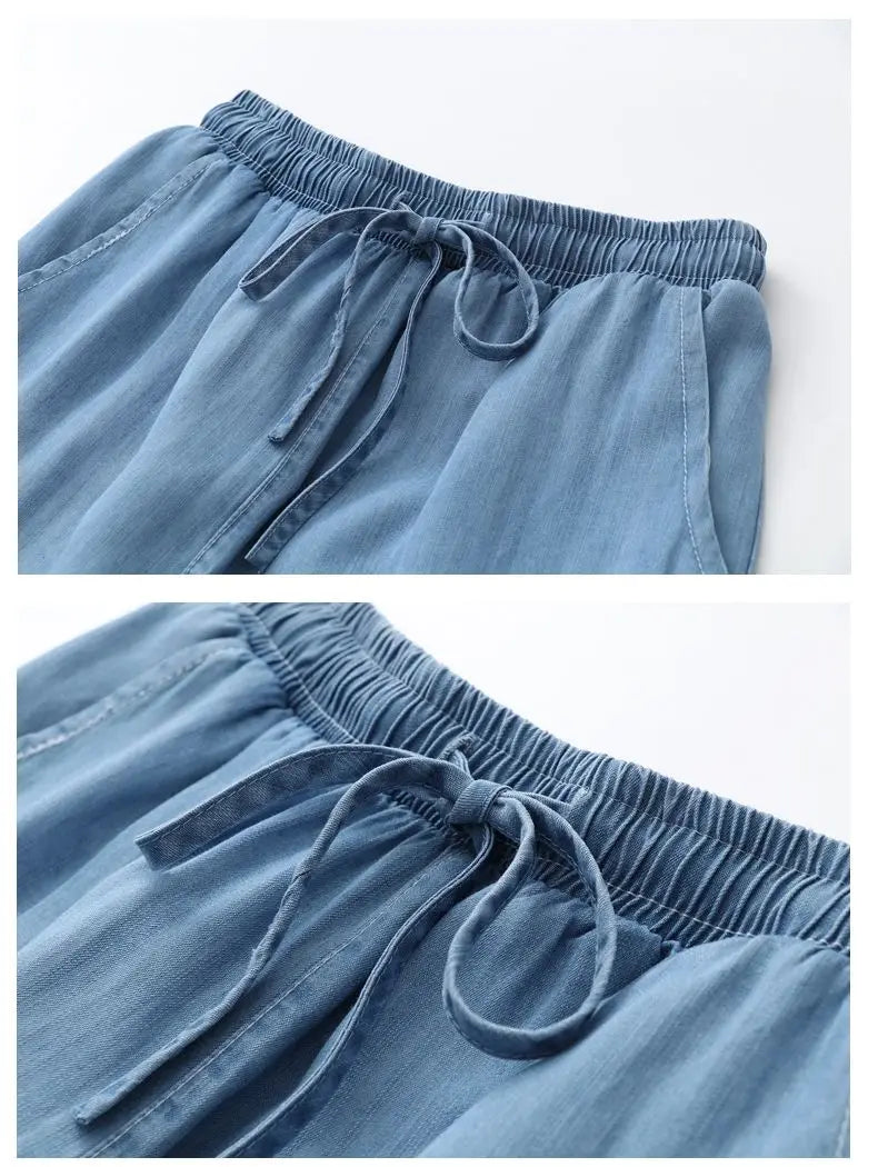 Women's Pants Summer Drawstring Wide-leg Pants Cotton Blue Calf-Length Jeans Pants Mom Elastic Waist Straight Pants Women