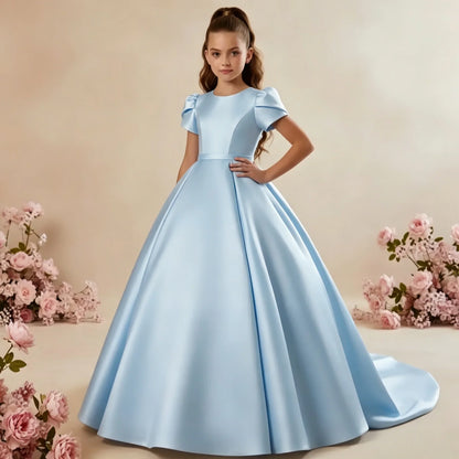 White Flower Girl Dress for Wedding With Bow Satin Floor Length Elegant First Communion Ball Birthday Party Gowns