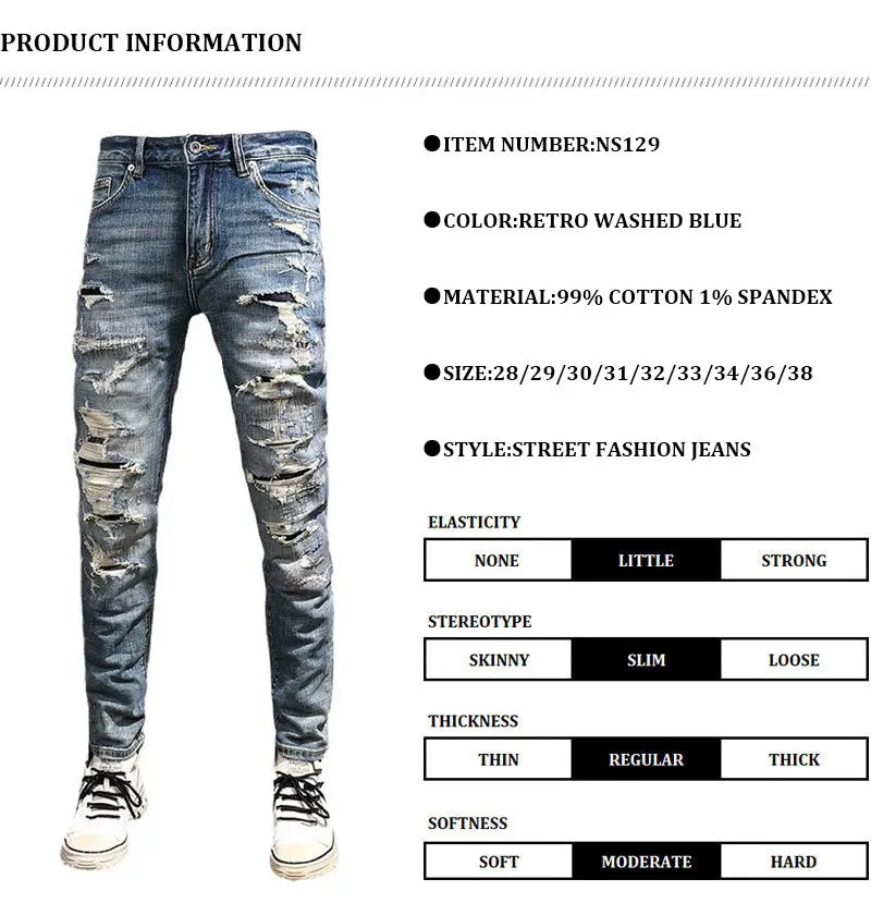 Street Fashion Men Jeans Retro Blue Stretch Slim Fit Hole Ripped Jeans Men Patched Designer Hip Hop Vintage Denim Pants Hombre