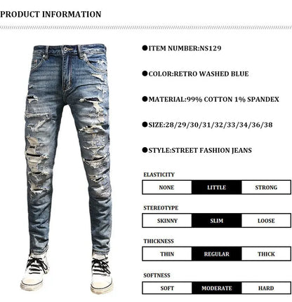 Street Fashion Men Jeans Retro Blue Stretch Slim Fit Hole Ripped Jeans Men Patched Designer Hip Hop Vintage Denim Pants Hombre